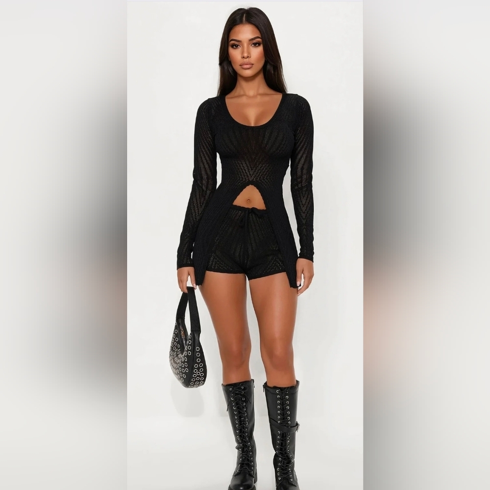 Fashion Nova- Riley Sweater Black Knit Two-Piece Set - Long Sleeve Top & Shorts